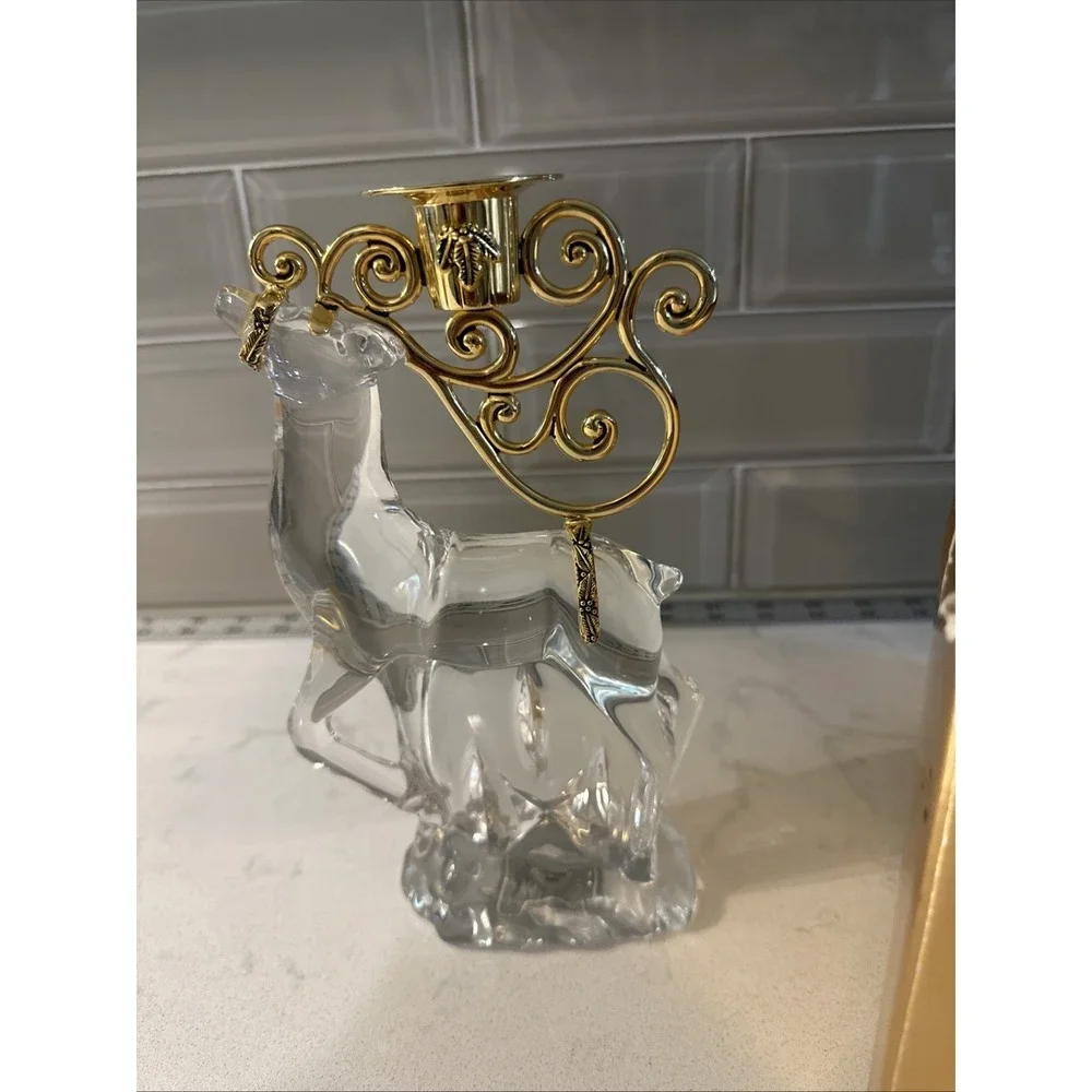 Gorham Vintage Reindeer Crystal Figure Candle holder Gold Centerpiece‎ Christmas